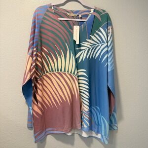 Soft Surroundings 2X Tropical Palm Leaf V-Neck Long Sleeve Top Blue Coral